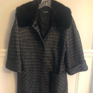 Black Tweed Evening Coat w/Faux Fur Collar